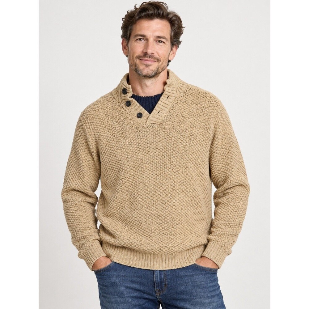 Lands’ End Men’s XXL Beige Tan Cotton Nylon Button Mock Neck Knit Sweater